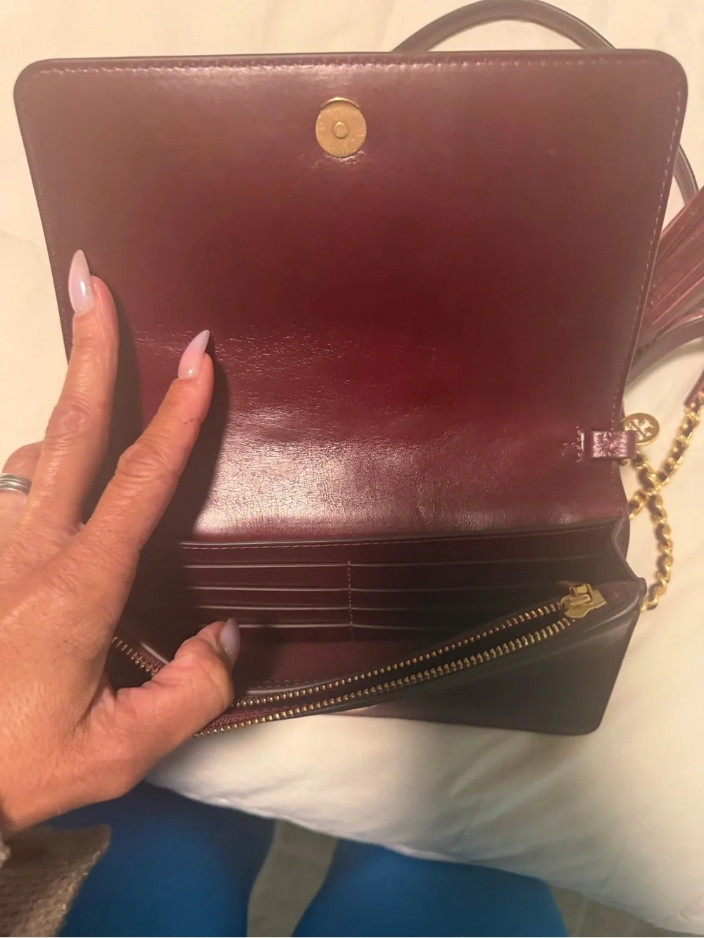 Tory Burch Quilted Leather Crossbody in Burgundy with Gold Chain
